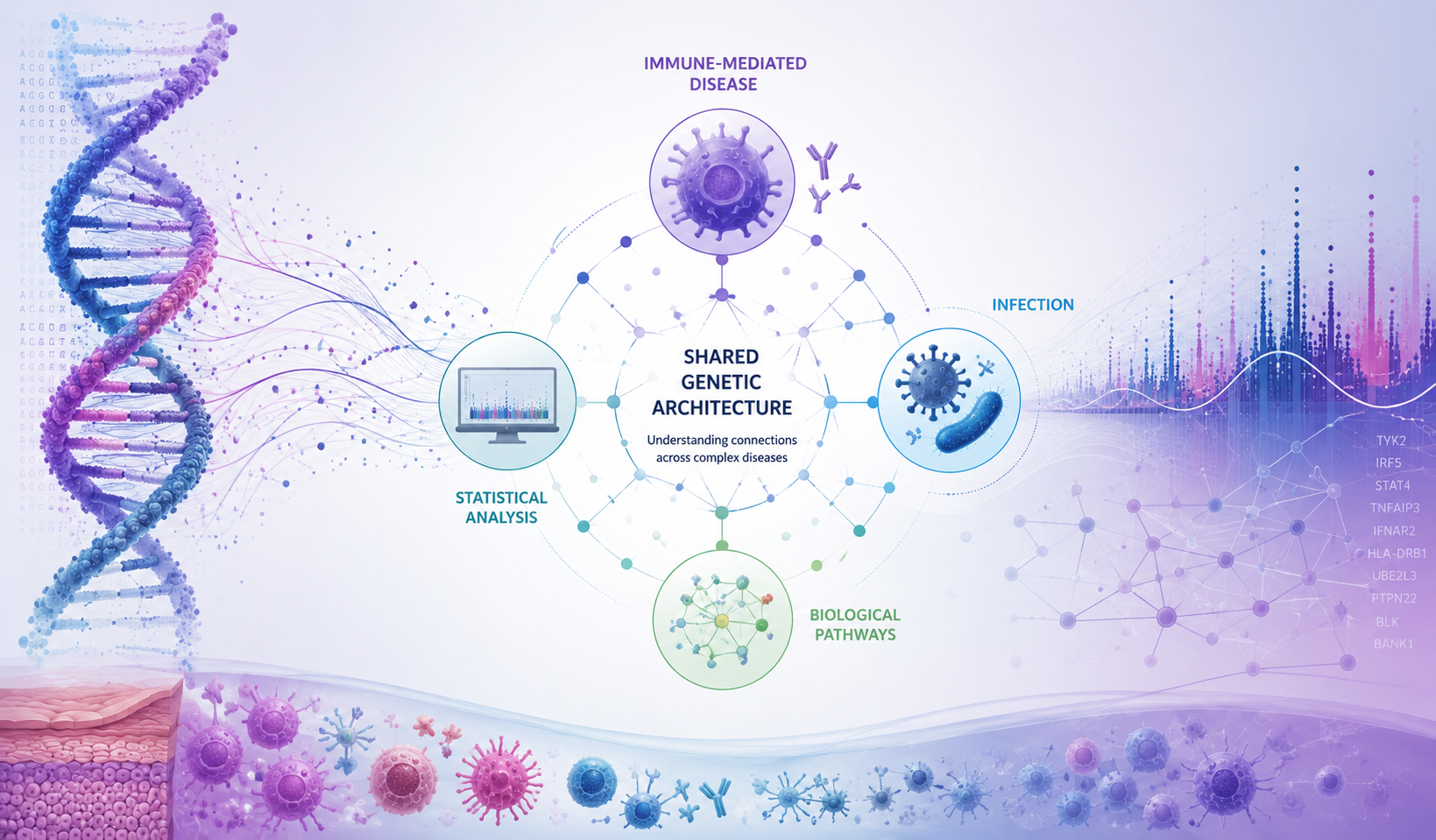 Research framework linking shared genetic architecture with statistical analysis, biological pathways, immune-mediated disease and infection